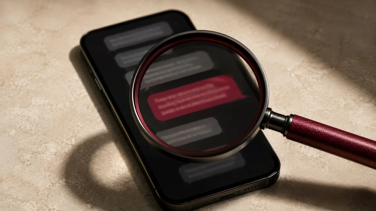 Graphite phone showing a blurred private chat with a magnifying glass enlarging one bordeaux chat bubble — conversation privacy illustration