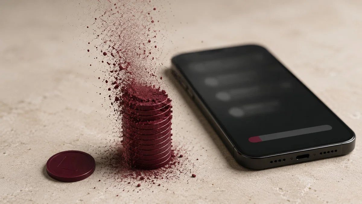 A stack of bordeaux token coins crumbling into dust beside a phone showing a nearly empty balance bar — credit drain illustration