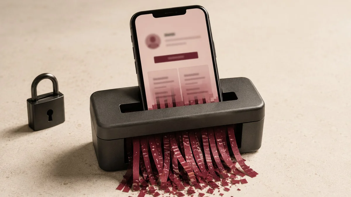 A graphite phone whose account screen is fed into a shredder, turning into bordeaux shredded strips, beside a padlock — account deletion illustration