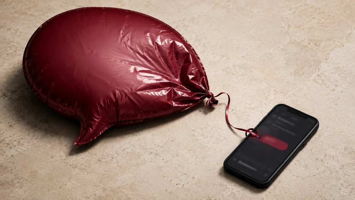 A large deflated bordeaux speech-bubble balloon tied to a graphite phone showing a tiny chat bubble — overpromising illustration
