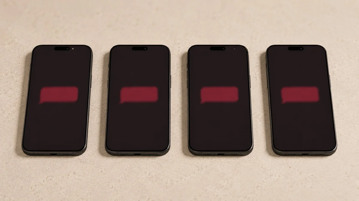 Four identical graphite phones in a row, each showing the same bordeaux chat bubble in the same position — same first message test illustration