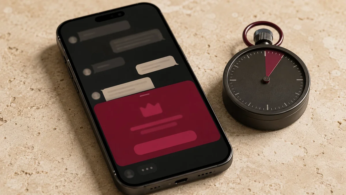 Graphite phone showing a blurred chat rising into a bordeaux premium upgrade prompt, beside a stopwatch pointing at a bordeaux zone — upgrade timing illustration