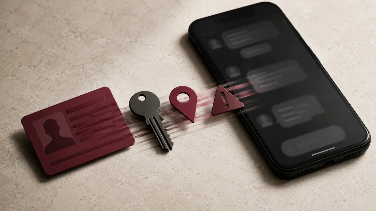 A bordeaux ID card, a key, a location pin and a warning triangle sliding toward a graphite phone chat — what not to share illustration