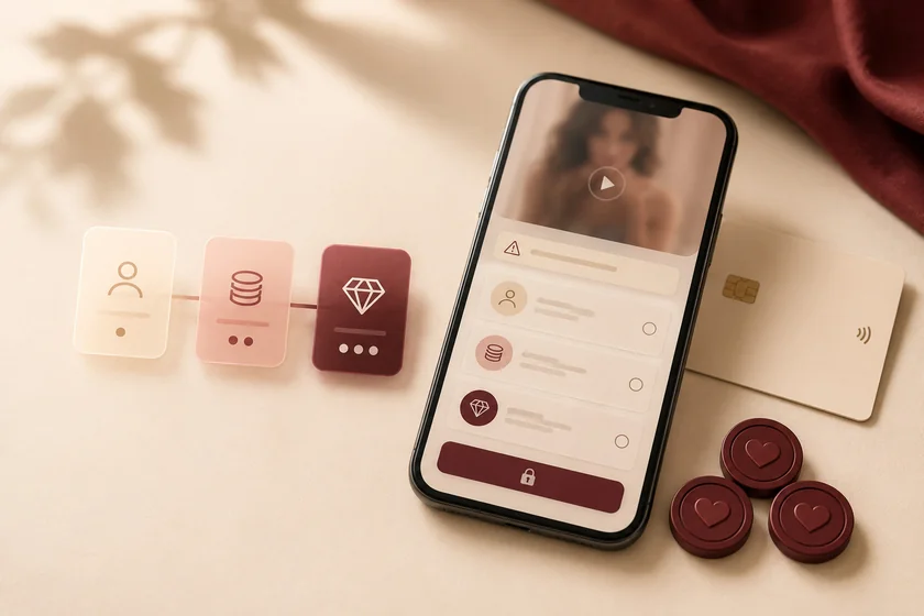 AI girlfriend app on a phone showing a locked premium upgrade screen beside a payment card and token coins