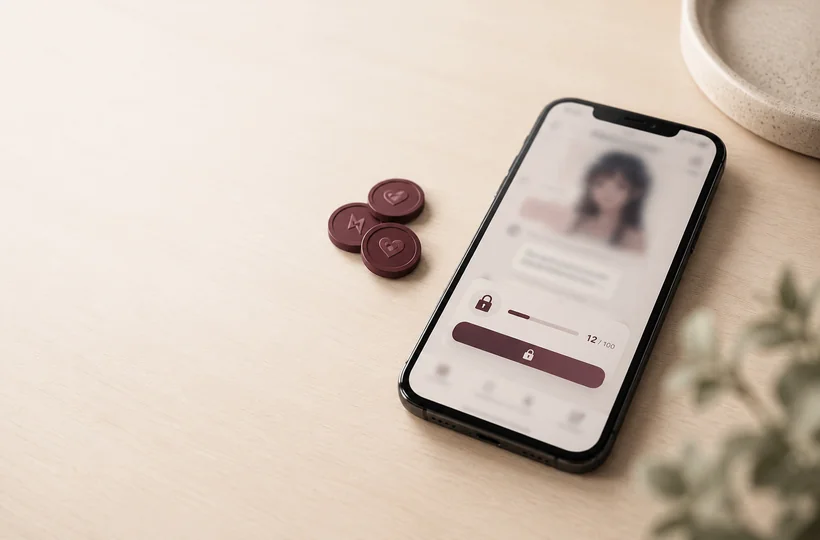 AI girlfriend app on a phone showing a locked message-credit meter at 12 of 100, beside token coins