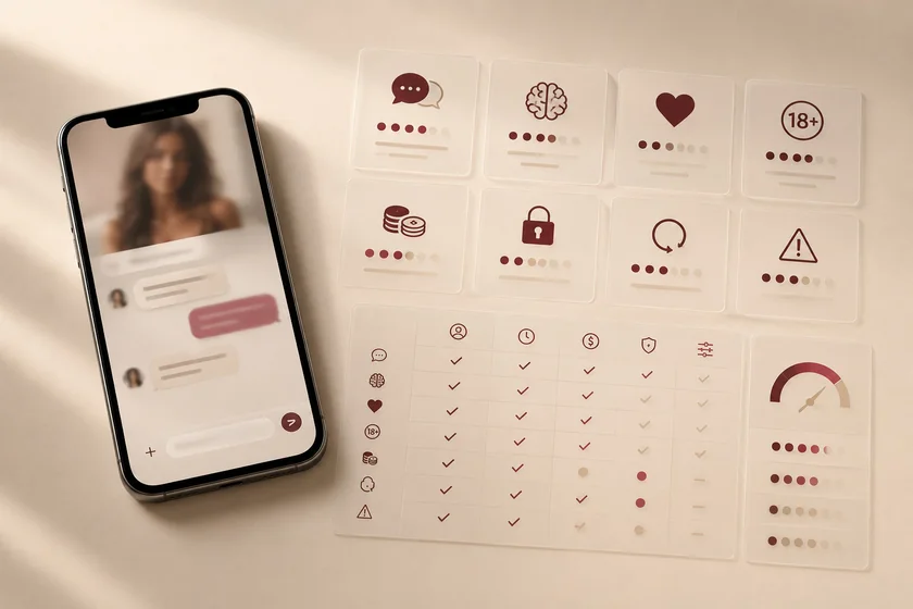 AI girlfriend chat app on a phone beside scoring cards for chat, memory, intimacy, 18+, pricing, privacy and an evaluation checklist matrix