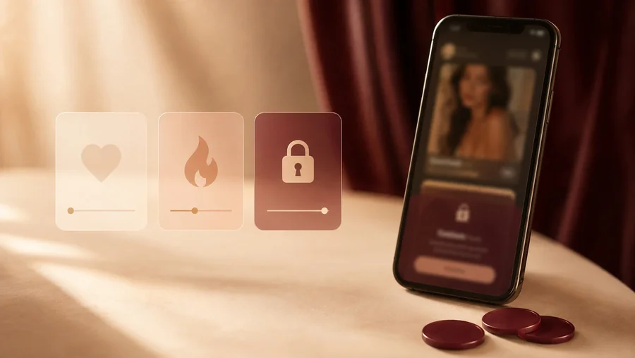 AI girlfriend app on a phone with a locked premium panel, beside a content-intensity spectrum from heart to flame to lock