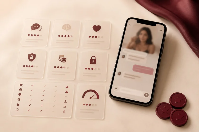 AI girlfriend chat app on a phone beside scored rating cards for chat, memory, intimacy, safety, pricing and privacy, with a comparison matrix
