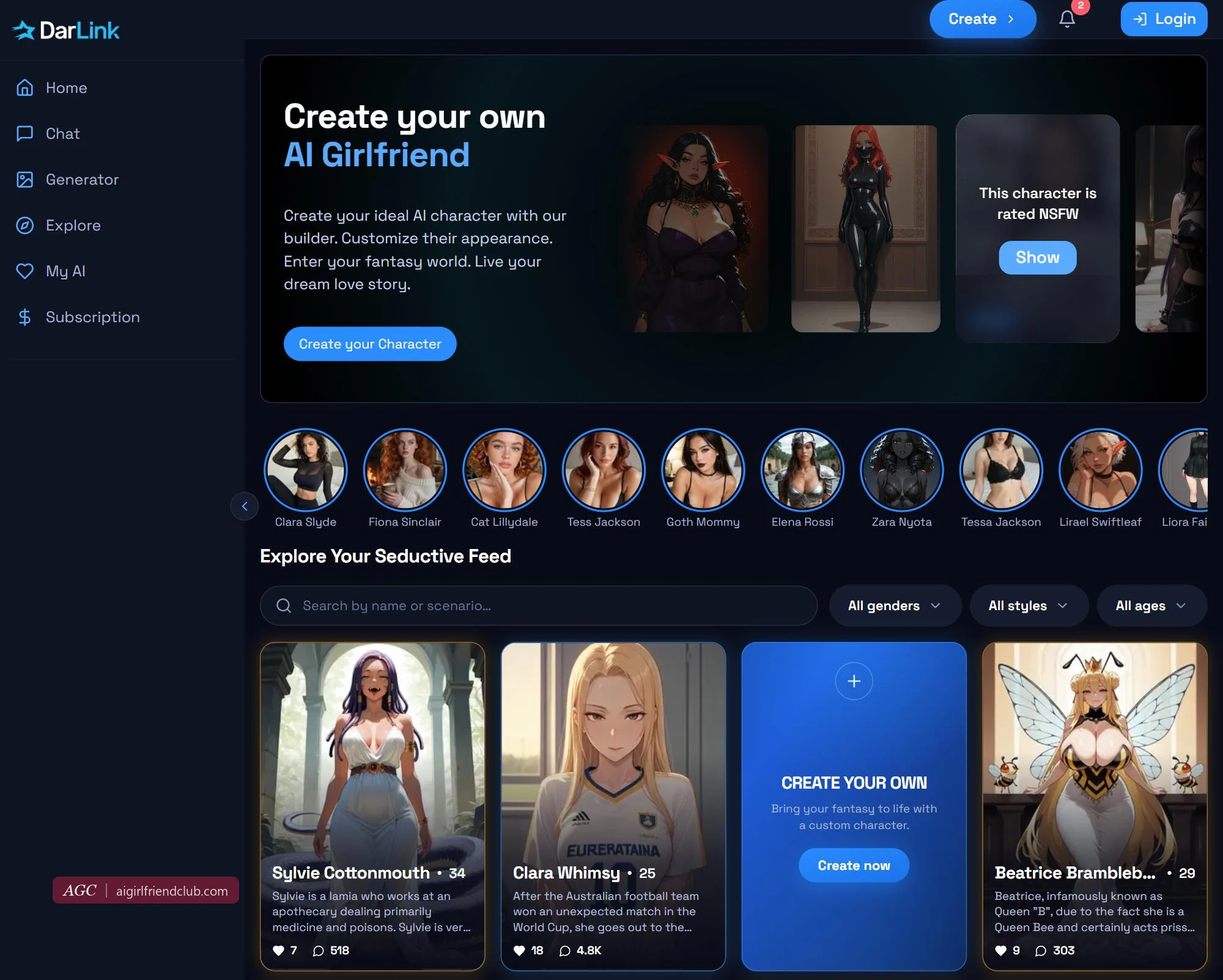 Startseite von DarLink AI: Banner zur Erstellung, vorgestellte Begleiterinnen und der Feed „Explore Your Seductive Feed“ mit seinen Filtern