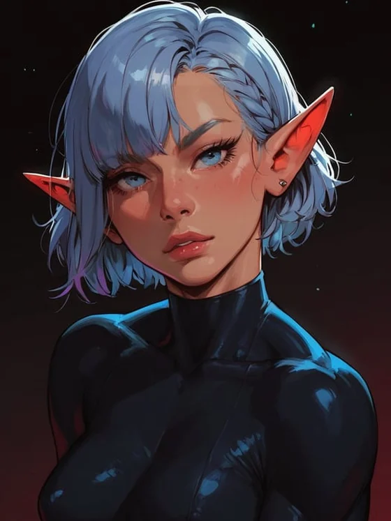 Selindra Moon, Elfe mit blauen Haaren im schwarzen Anzug, Begleiterin im Stil Fantasy auf DarLink AI