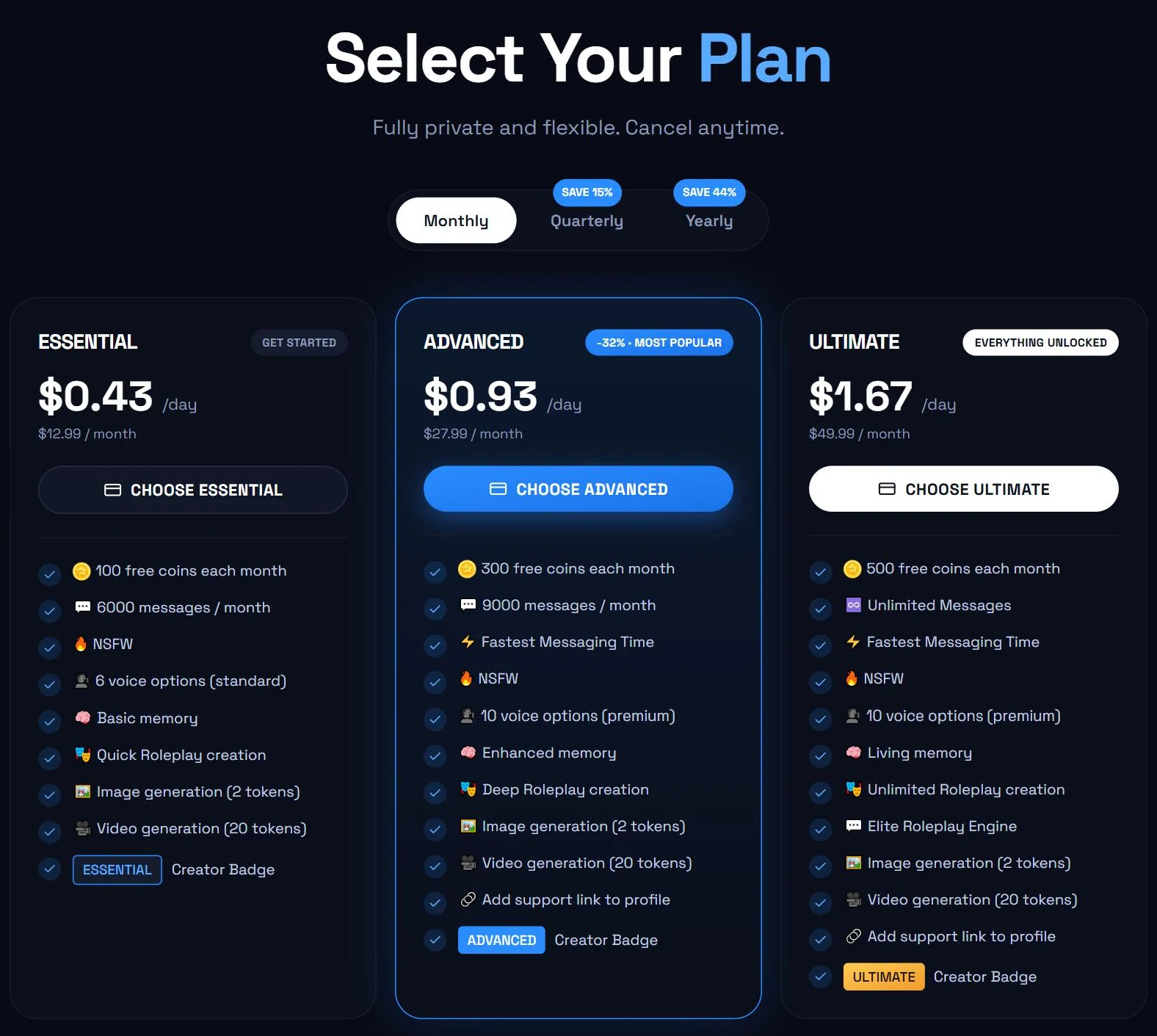 Página de planos do DarLink AI: Essential, Advanced e Ultimate, com as mensagens, coins, vozes e memória de cada plano