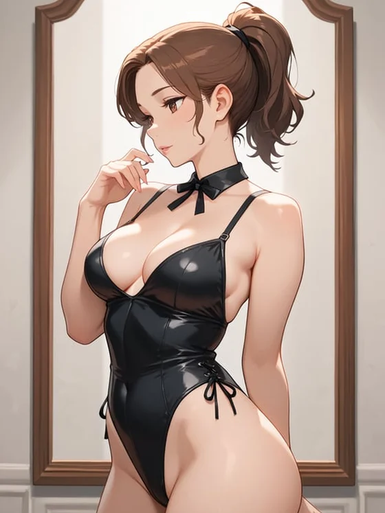 Julia Solana, morena de body preto diante de um espelho, companheira no estilo Cartoon no DarLink AI