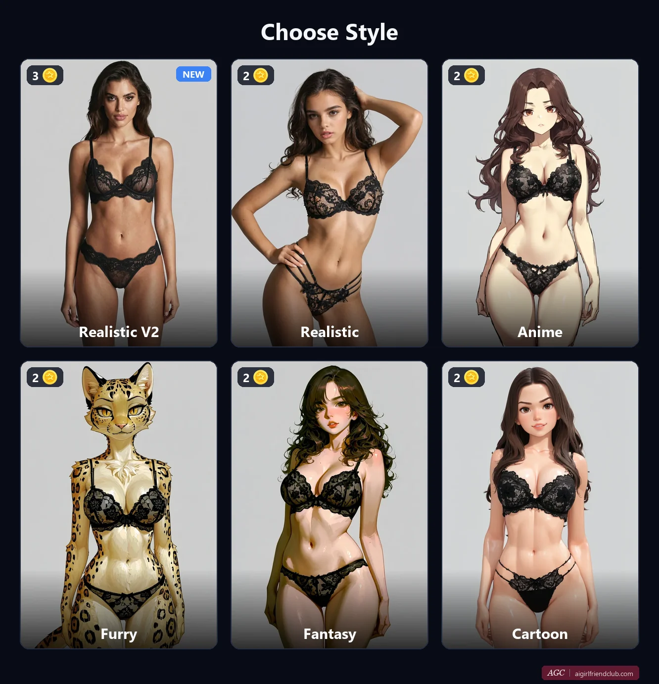 Etapa “Choose Style” da criação no DarLink AI: a mesma modelo de lingerie preta nos estilos Realistic V2, Realistic, Anime, Furry, Fantasy e Cartoon