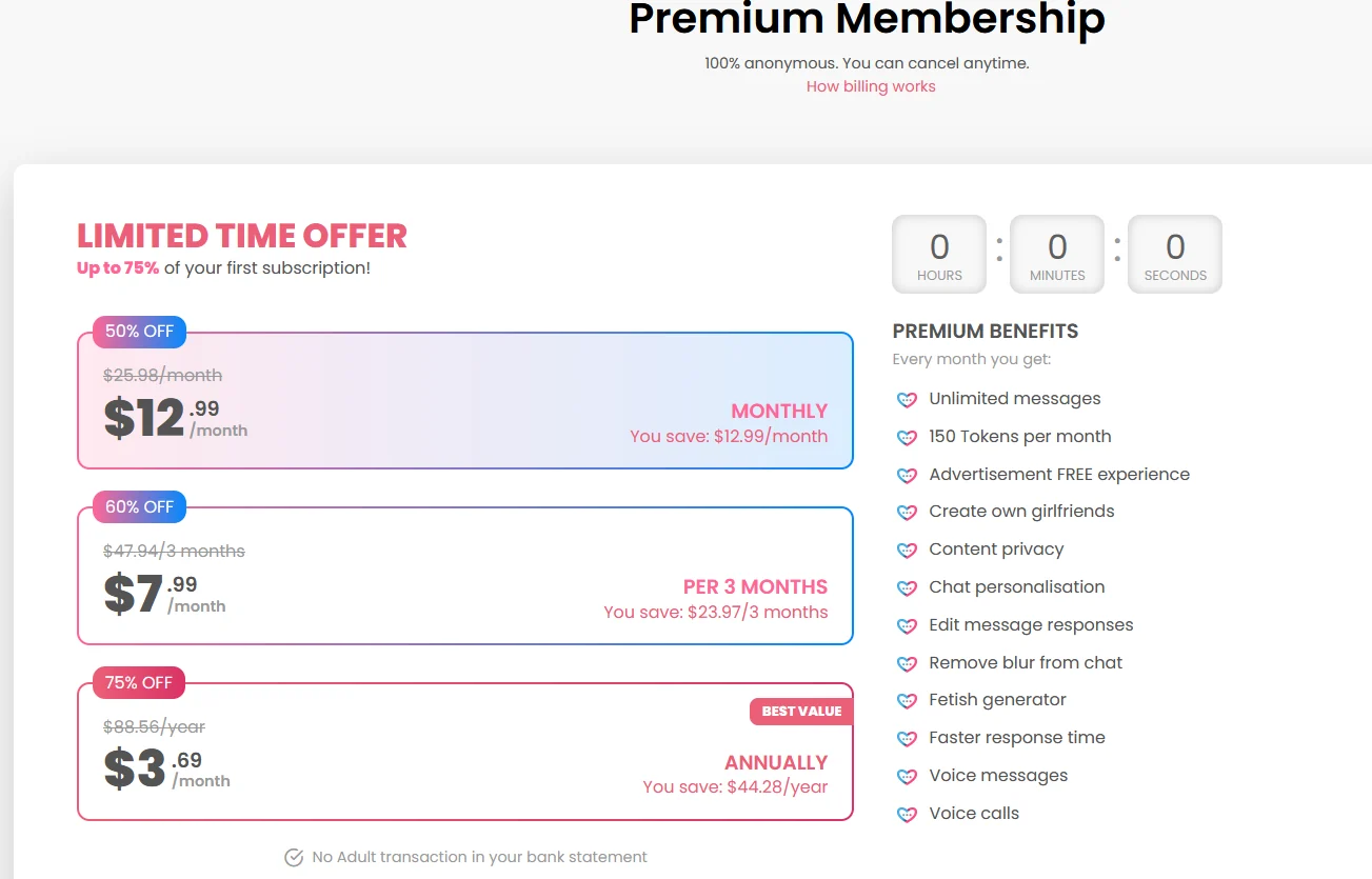 Pagina “Premium Membership” van DreamGF: maand-, driemaands- en jaarabonnement, en de lijst van wat Premium elke maand bevat