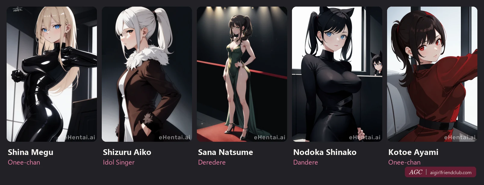 Cinco chicas dibujadas de la página de inicio de eHentai: Shina Megu y Kotoe Ayami (onee-chan), Shizuru Aiko (idol de la canción), Sana Natsume (deredere) y Nodoka Shinako (dandere), con su nombre y su arquetipo