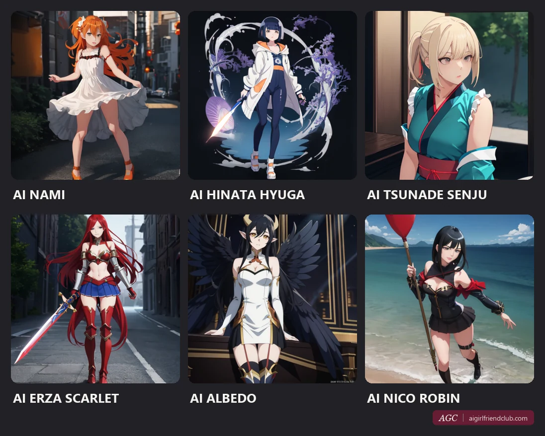 Seis heroínas de anime de la sección Fictional Characters: Nami, Hinata Hyuga, Tsunade Senju, Erza Scarlet, Albedo y Nico Robin