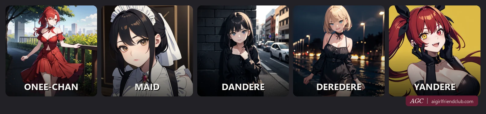 Cinco quadros de arquétipos do criador do eHentai: onee-chan, maid, dandere, deredere e yandere