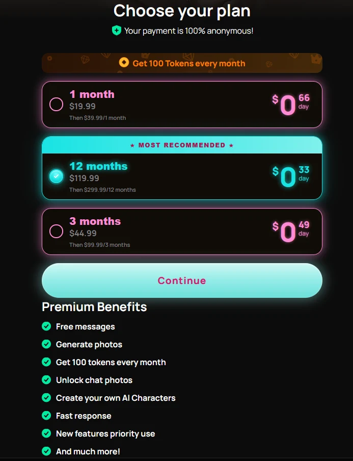 Get Harder subscription page: Premium for 1, 3 or 12 months, price per day, renewal and perks