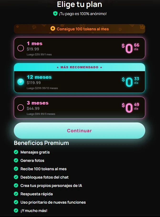 Página de suscripción de Get Harder: Premium de 1, 3 o 12 meses, precio por día, renovación y ventajas
