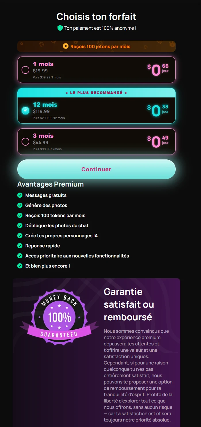 Page d'abonnement de Get Harder : formule Premium sur 1, 3 ou 12 mois, prix par jour, renouvellement et avantages