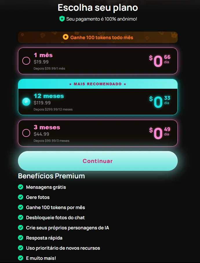 Página de assinatura do Get Harder: Premium de 1, 3 ou 12 meses, preço por dia, renovação e vantagens