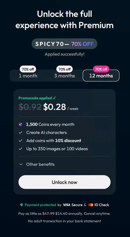 Página de assinatura do JOI com o código SPICY70 aplicado: 1, 3 ou 12 meses, Coins mensais e vantagens
