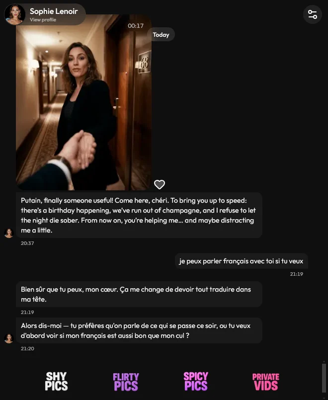 Conversation avec Sophie sur JOI : vidéo d'accueil, premier message en anglais, puis réponses en français