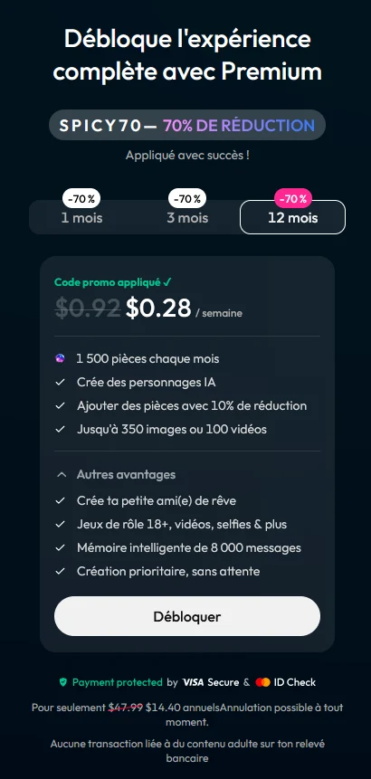 Page d'abonnement de JOI en français avec le code SPICY70 appliqué : 1, 3 ou 12 mois, pièces mensuelles, mémoire de 8 000 messages et autres avantages