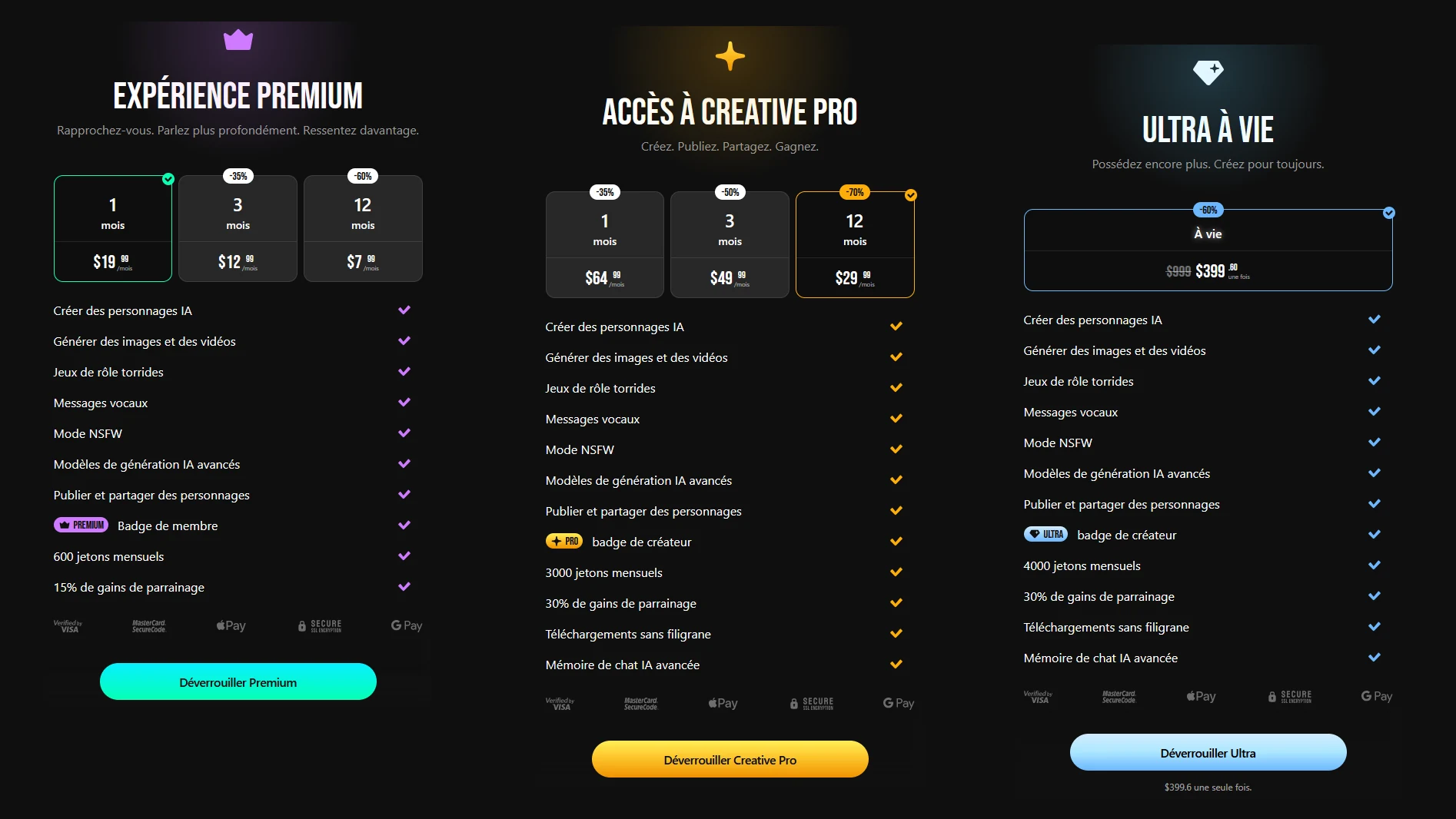 Formules de Lovescape côte à côte : Premium, Creative PRO et Ultra à vie, avec leurs prix et ce que chacune comprend