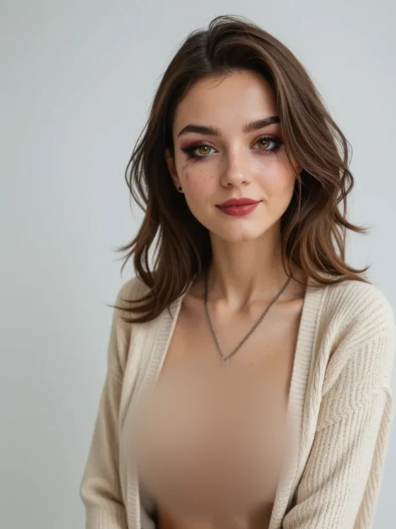 Brune au gilet crème ouvert sur sa poitrine nue, floutée