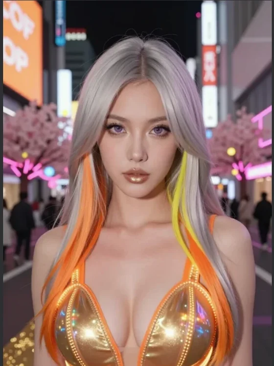 Compagne aux longs cheveux argent et orange, en tenue dorée lumineuse, dans une rue de Tokyo la nuit