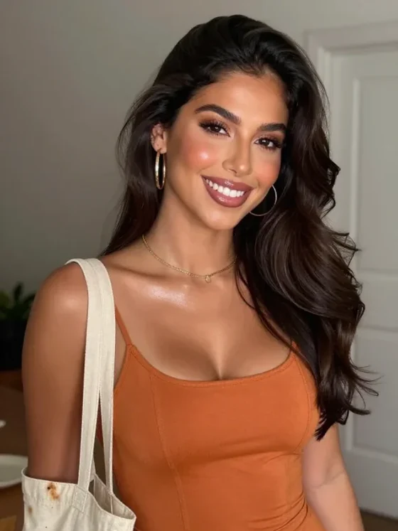 Brune souriante en robe orange, un sac de toile sur l'épaule
