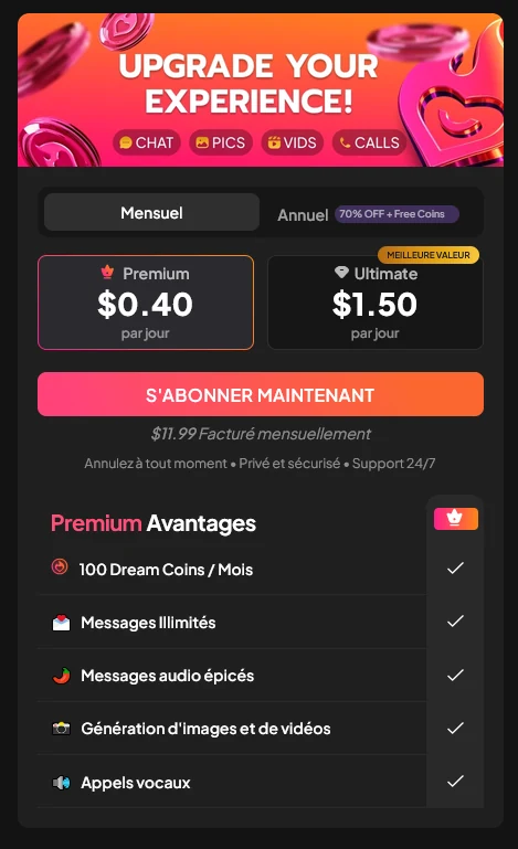 Page d'abonnement de My Dream Companion : formules Premium et Ultimate, prix par jour et montant facturé