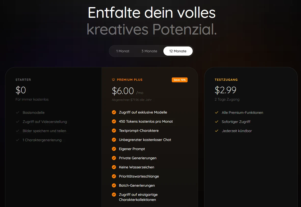 Abo-Seite von MyLovely auf Deutsch: Starter, Premium Plus über 12 Monate und Testzugang für zwei Tage