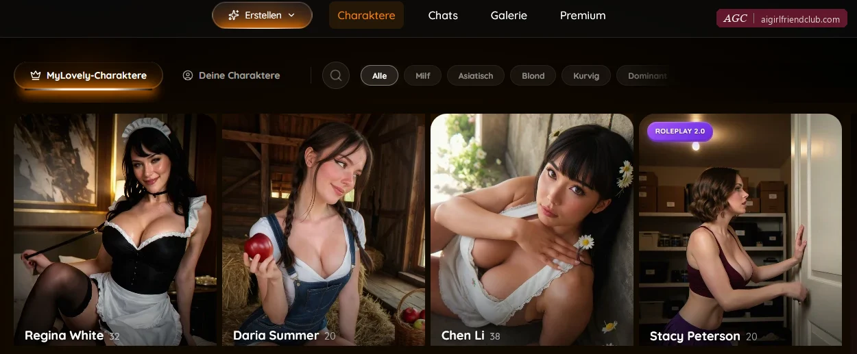 Seite Charaktere von MyLovely auf Deutsch: Regina White, Daria Summer, Chen Li und Stacy Peterson