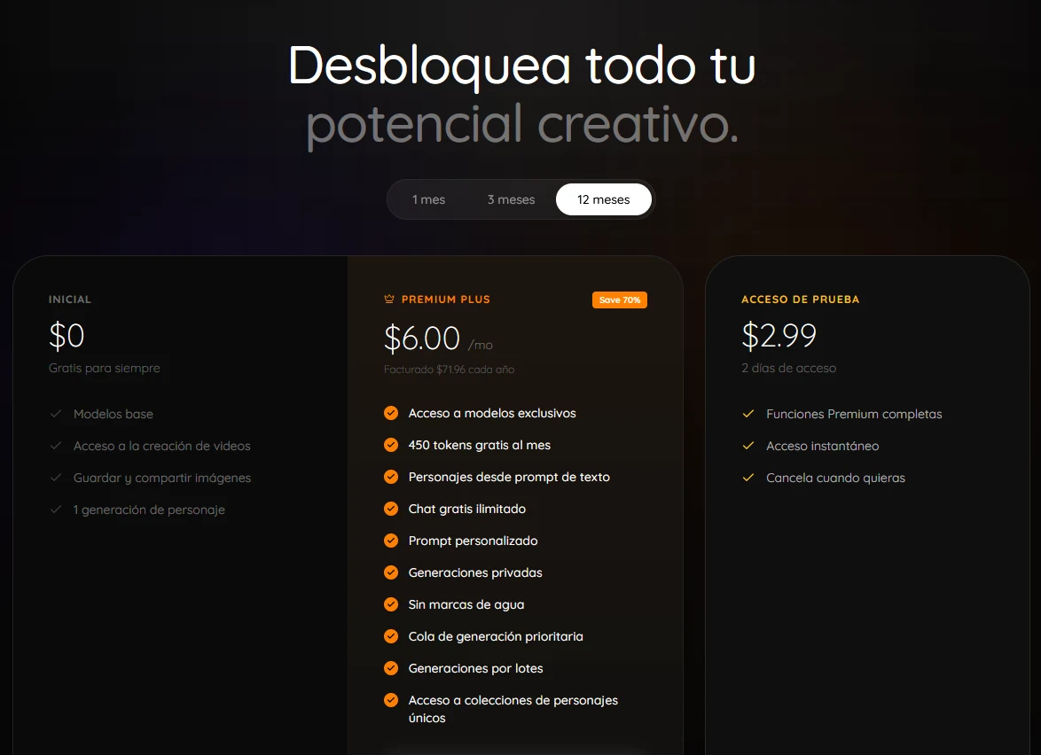 Página de planes de MyLovely en español: Inicial, Premium Plus por 12 meses y acceso de prueba de dos días