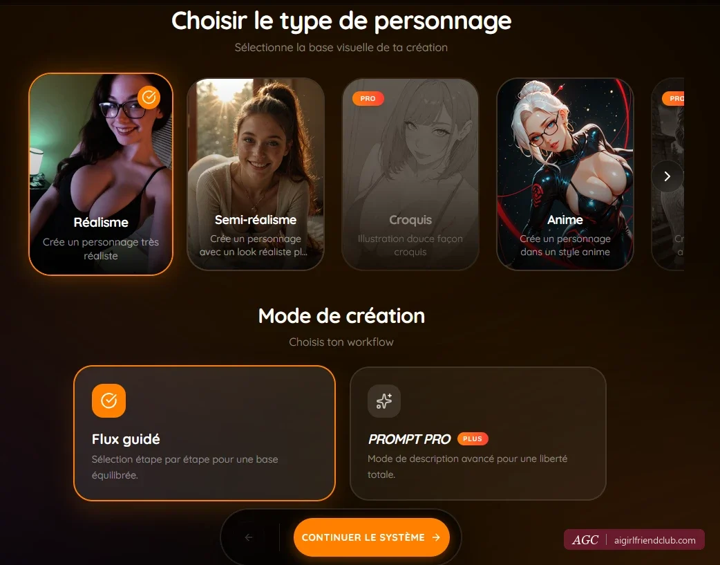 Création d'une compagne sur MyLovely, étape 1 en français : Réalisme, Semi-réalisme, Croquis, Anime, puis Flux guidé ou Prompt Pro