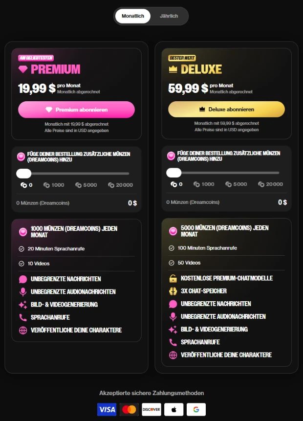 Die Monatsabos von OurDream: Premium und Deluxe, mit Preisen, Münzen pro Monat und dem, was jedes enthält
