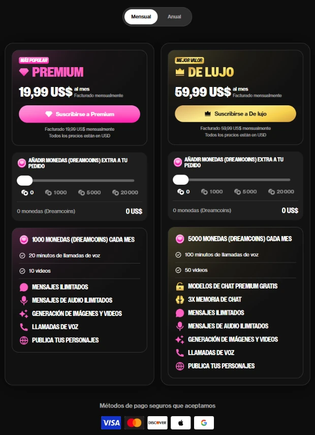 Planes mensuales de OurDream: Premium y De lujo, con sus precios, sus monedas cada mes y lo que incluye cada uno