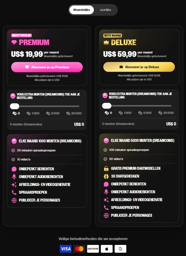 De maandabonnementen van OurDream: Premium en Deluxe, met hun prijzen, hun munten per maand en wat elk abonnement bevat