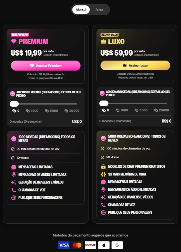 Os planos mensais do OurDream: Premium e Luxo, com preços, moedas por mês e o que cada um inclui