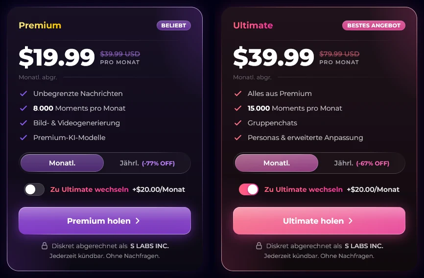 Abos Premium und Ultimate von Secrets AI, monatlich: Preis, enthaltene Moments und Vorteile