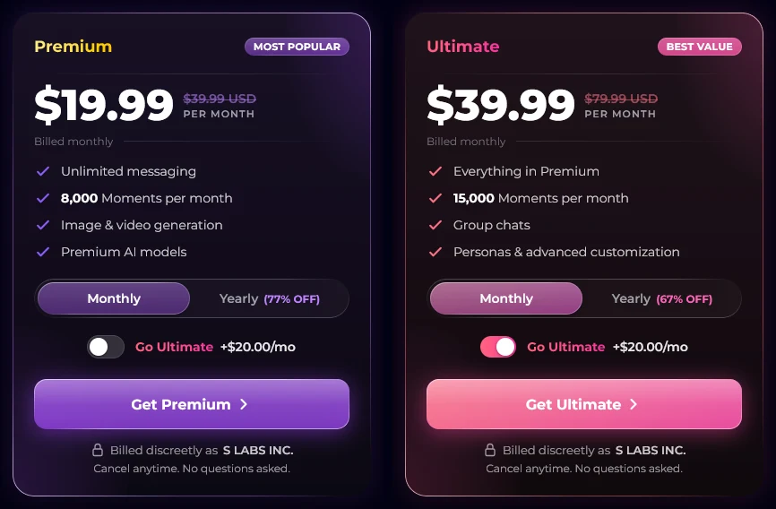 Secrets AI Premium and Ultimate plans, monthly: price, Moments included and perks