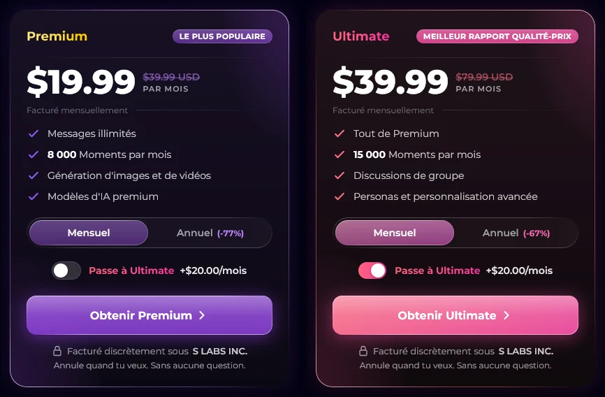 Formules Premium et Ultimate de Secrets AI au mois : prix, Moments inclus et avantages