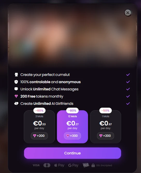 Fenêtre d'abonnement de Swipey : formules 3, 12 et 1 mois, avec le prix par jour et les cœurs de chacune, photos du haut floutées par nos soins