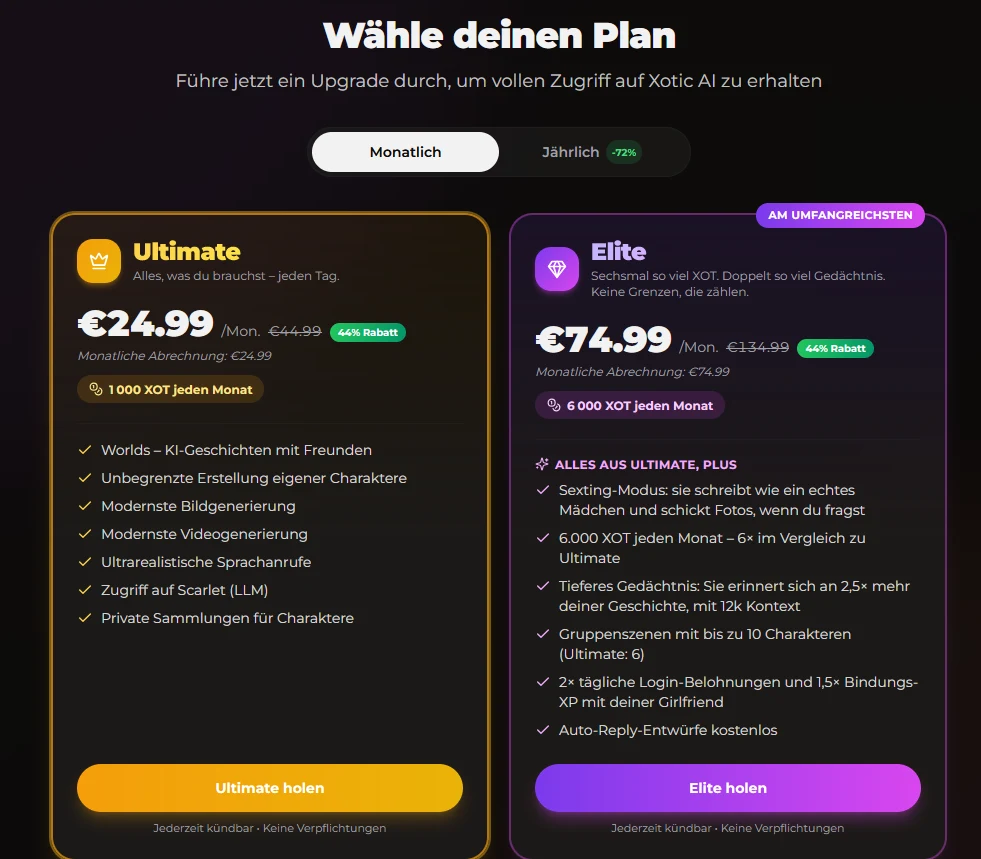 Abos Ultimate und Elite von Xotic AI im Monat: Preise, enthaltene XOT und Vorteile