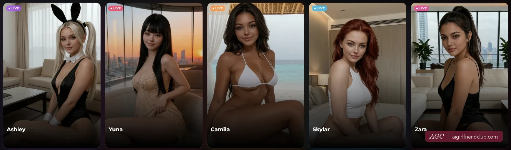 Chamadas de vídeo ao vivo no Xotic AI: cinco companheiras, Ashley, Yuna, Camila, Skylar e Zara