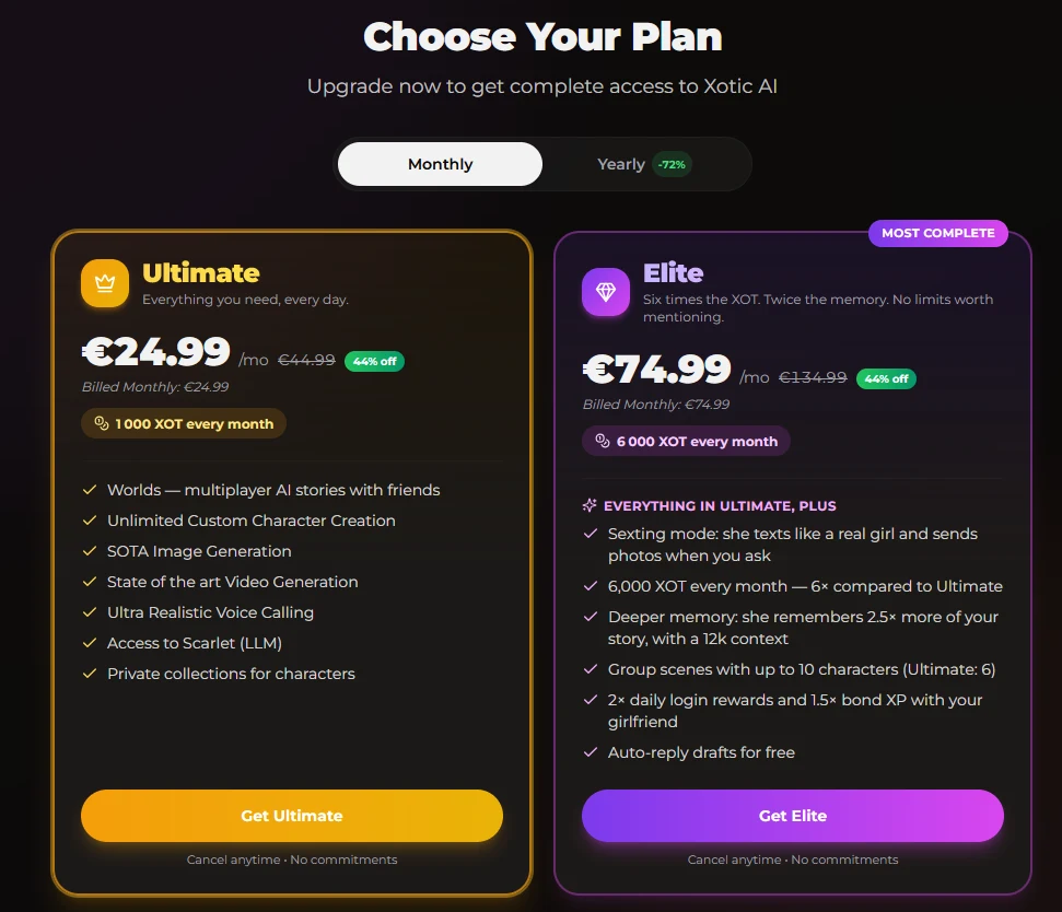 Planos Ultimate e Elite do Xotic AI por mês: preços, XOT incluídos e vantagens