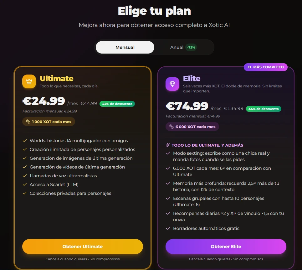 Planes Ultimate y Elite de Xotic AI al mes: precios, XOT incluidos y ventajas