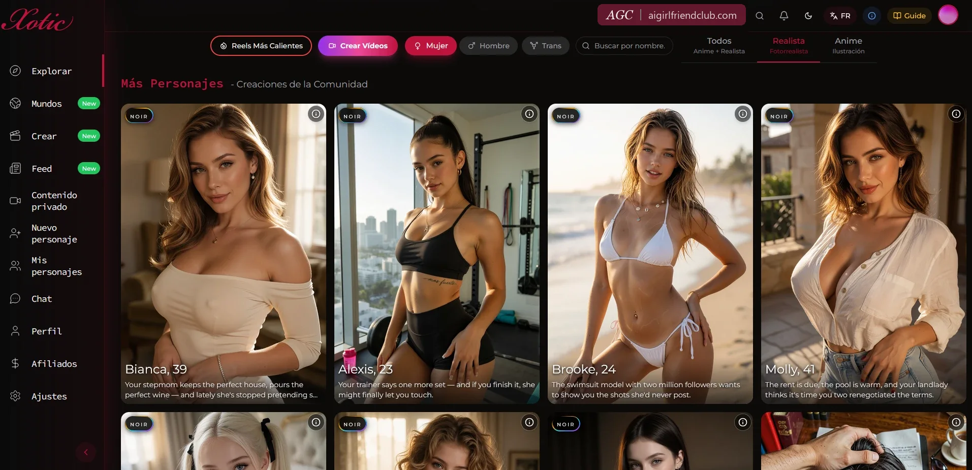 Página Explorer de Xotic AI en español: filtros y tarjetas de compañeras con nombre, edad y gancho